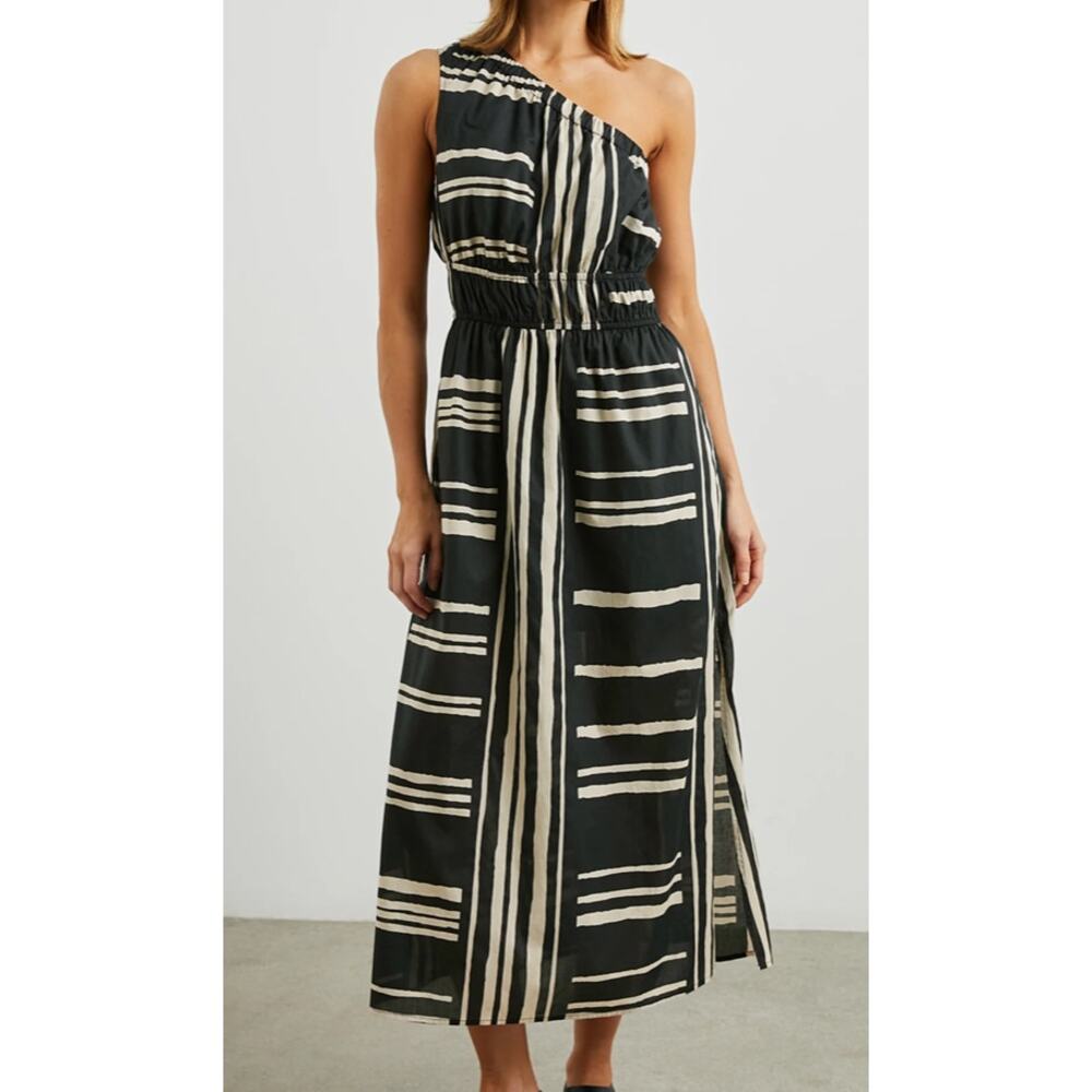 Rails Selani Island Stripe Midi Dress Cotton Poplin One Shoulder Black Size XS
